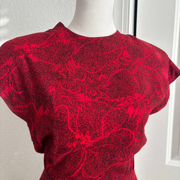 VTG All That Jazz Dress 80s Red Ruched Wiggle Cocktail Bodycon XS Abstract - Picture 6 of 14